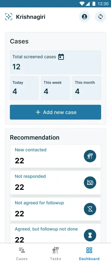 Aarogya Aarohan dashboard showing screening stats and follow-up tasks