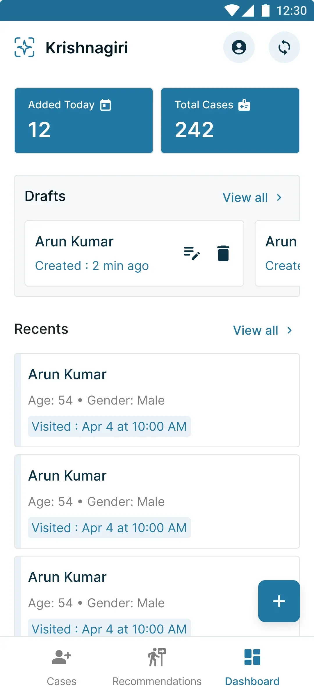 Aarogya Aarohan cases screen with drafts, submissions, and synced screenings
