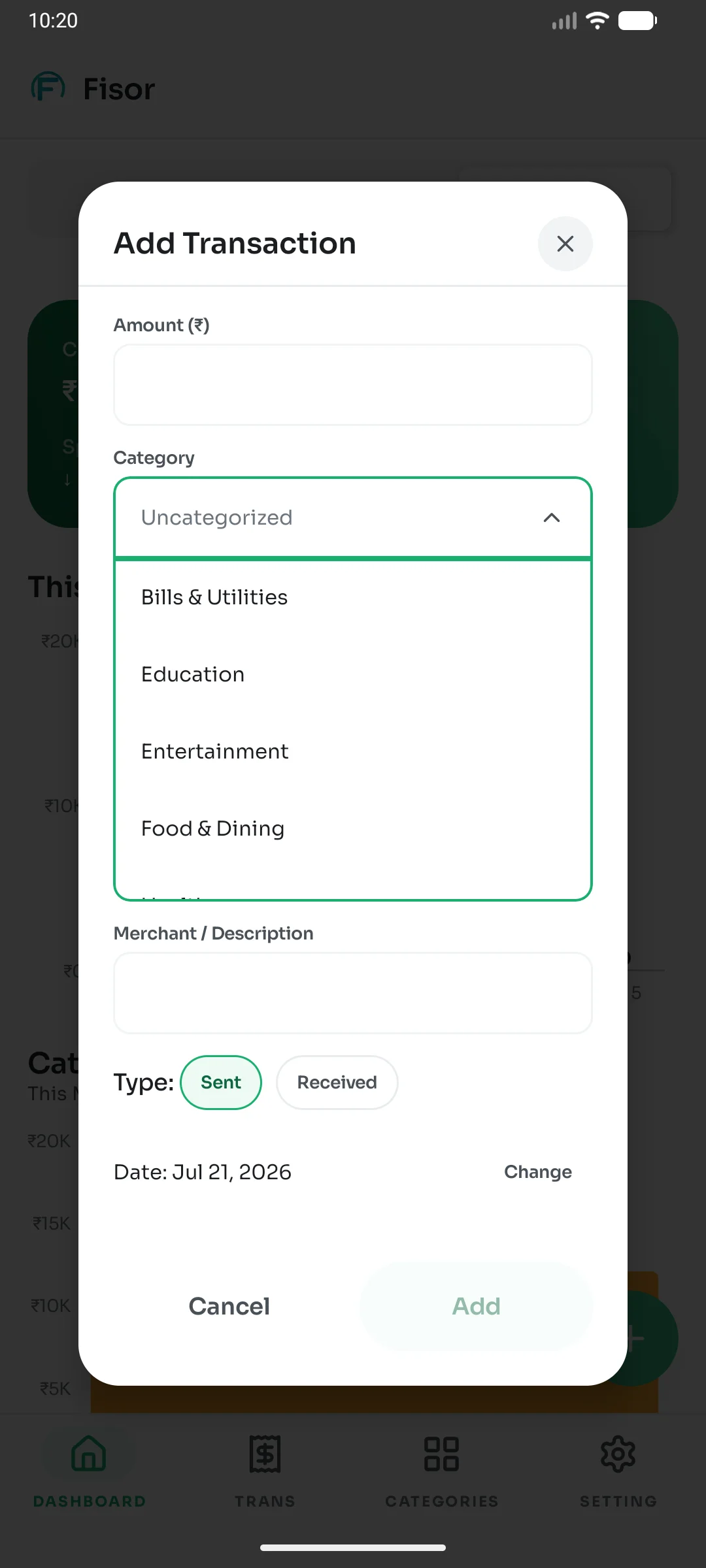 Fisor onboarding screen — 100% offline, 100% private