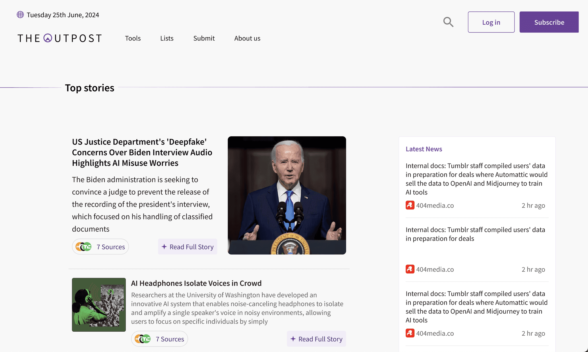 High-fidelity design of the news section for TheOutpost.ai